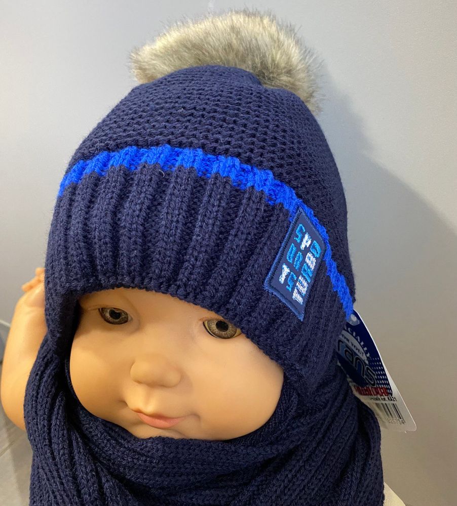 Зимняя детская вязанная шапка + шарф Sports Turbo темно - синяя купить