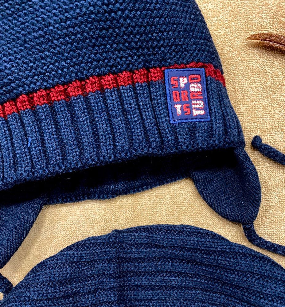 Зимова дитяча в'язана шапка + шарф Sports Turbo синій індиго, обхват голови 50 - 52 см, В*язка, Шапка