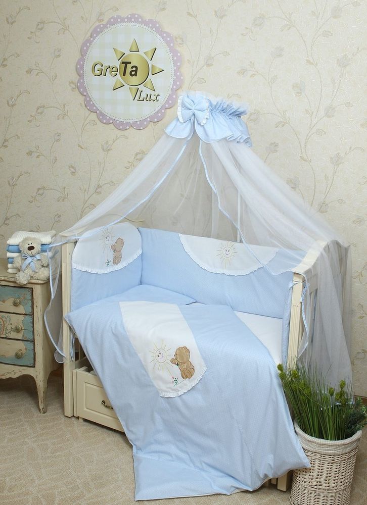 Комплект в ліжечко для новонародженого Сонечко блакитний, без балдахіна