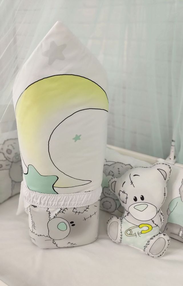Детское постельное для новорожденных Teddy мята, с балдахином
