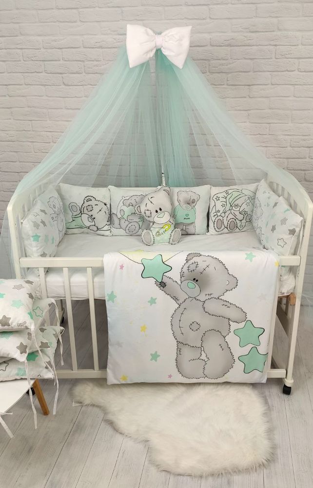 Постільна білизна в ліжечко для новонародженого з бортиками та балдахіном Teddy м'ята