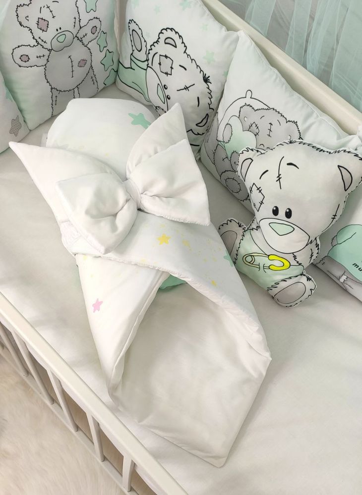 Детское постельное для новорожденных Teddy мята, с балдахином