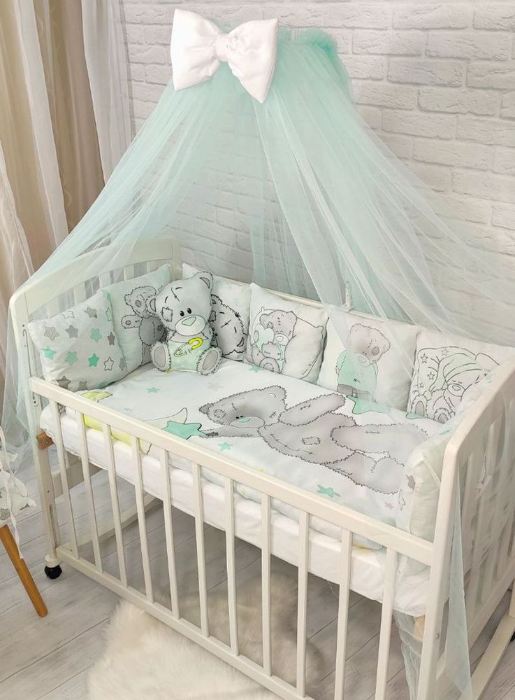 Постельное белье в кроватку для новорожденного с бортиками и балдахином Teddy мята