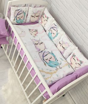 Дитячий постільний комплект у ліжечко для новонародженого з бортиками Совушки