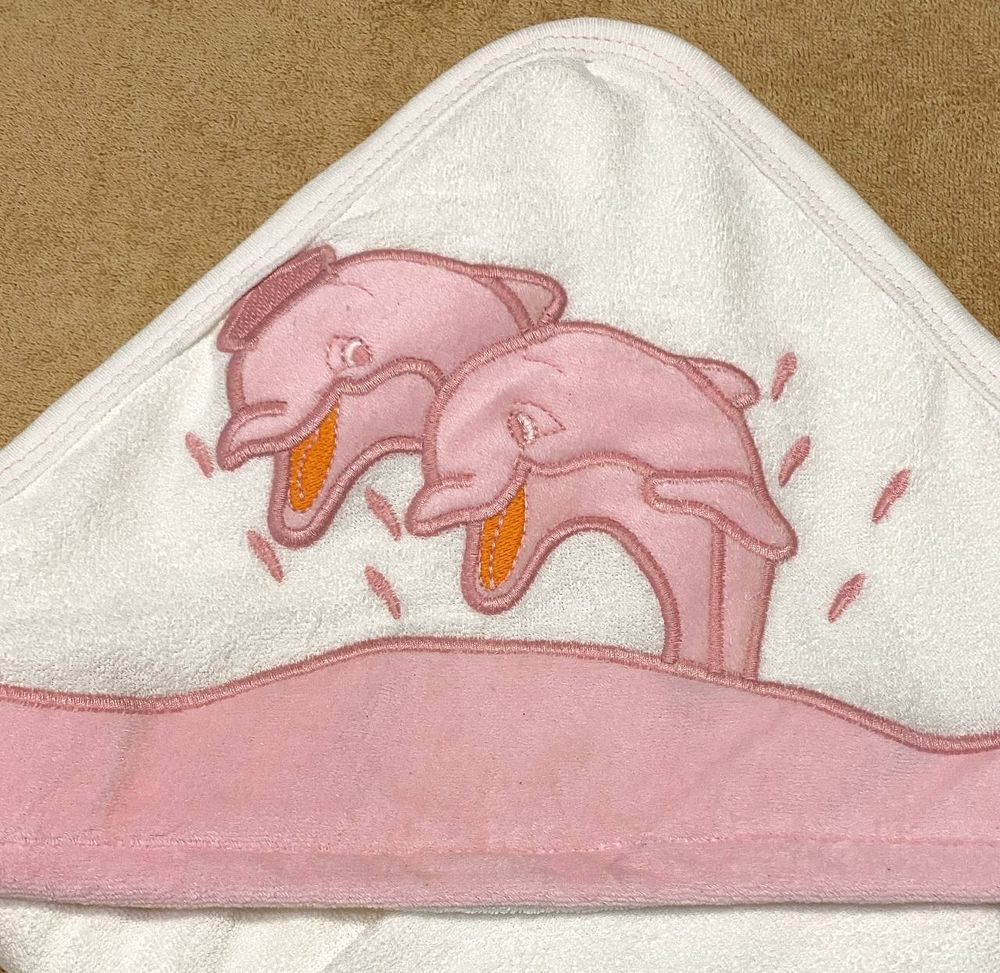 Махровий куточок для купання з рукавичкою Дельфінчики рожевий, Білий, Махра