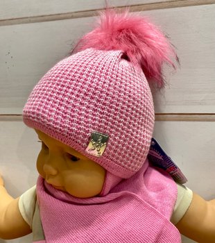 Зимняя шапка + шарф Жемчужный Узор для новорожденной розовая