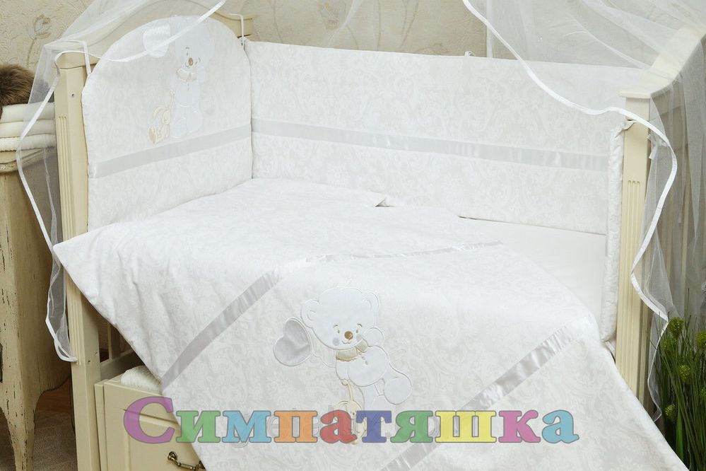 Постільний комплект в ліжечко симпатяшки білий візерунок 6, 7 елементів, без балдахіна