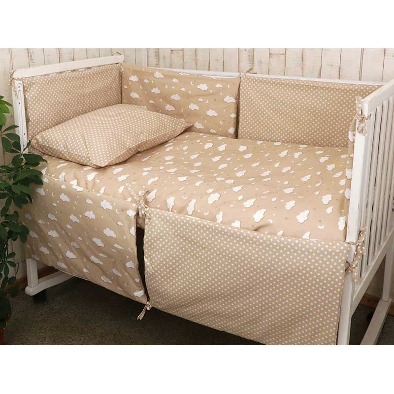 Набор в кроватку БЕЖЕВЫЕ ОБЛАКА для новорожденных, бортики с постелью