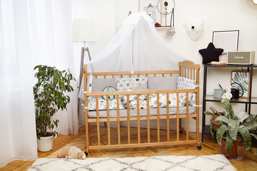 Детский спальный набор в кроватку для новорожденного Котики, без балдахина