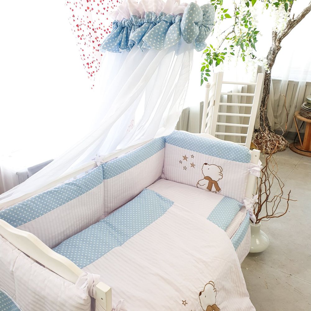 Постельный комплект в кроватку 6 подушек Мишка + Звезды, с балдахином