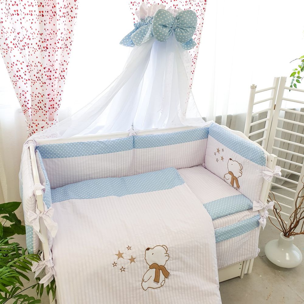 Постельный комплект в кроватку 6 подушек Мишка + Звезды, с балдахином