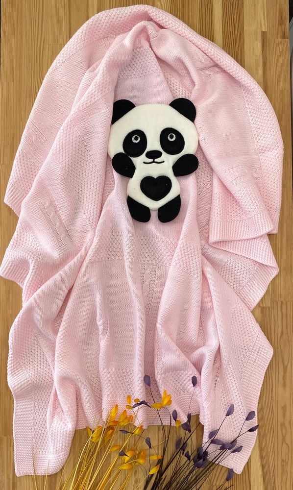 Легкий вязаный плед для новорожденных Панда розовый, Вязка