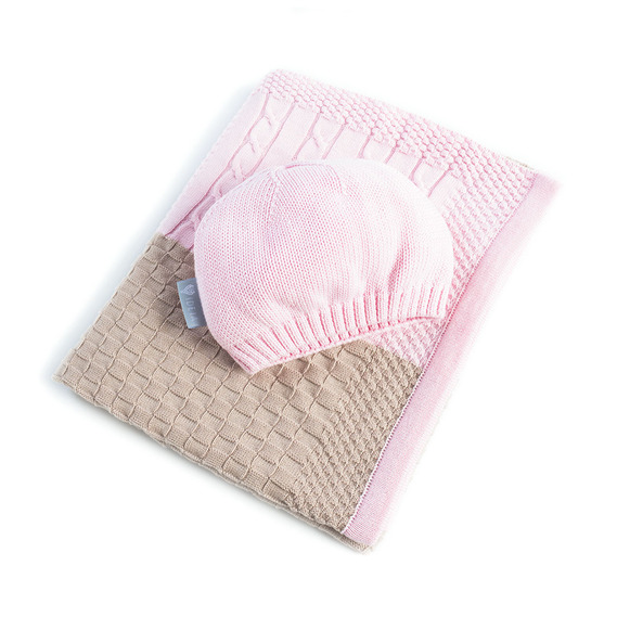 Хлопковый вязаный плед 70х90 для новорожденных Пэчворк розовый, Вязаное полотно