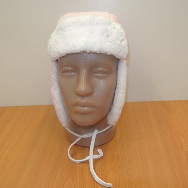 Детская утепленная шапка для девочки Цветочек розовая, обхват головы 48 см