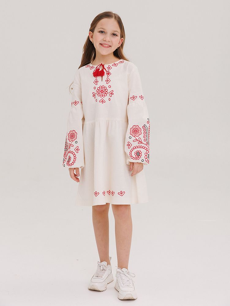 Платье вышиванка Українка для девочки из льна молочное, 146, Лен