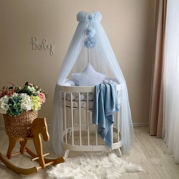 Дитячий балдахін сітка у ліжечко новонародженим блакитний з помпонами
