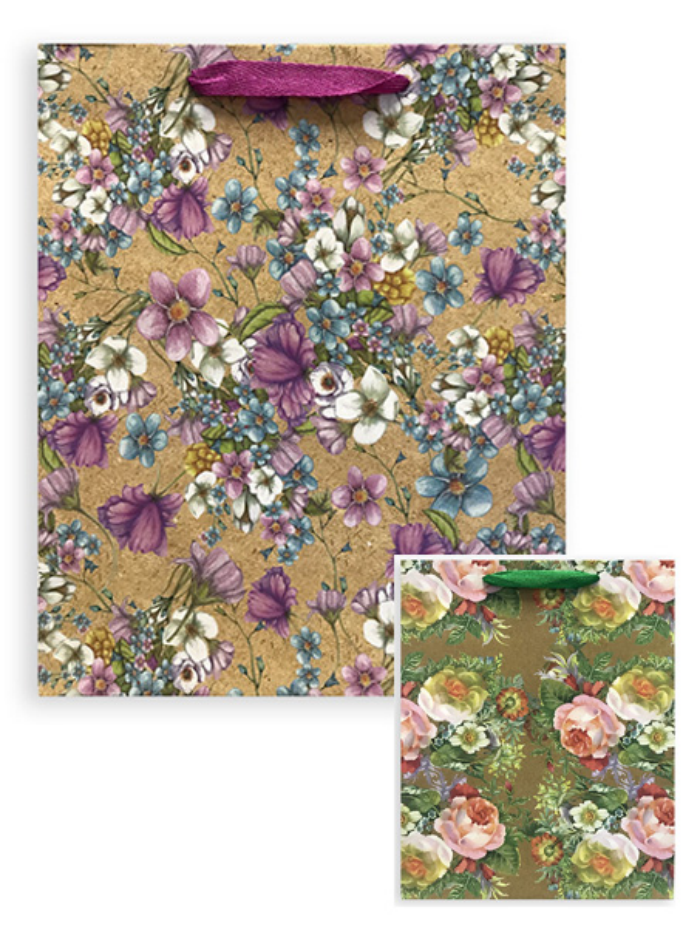 Бумажный пакет крафт Цветы микс 32х26х12 см, Средние, Для женщин