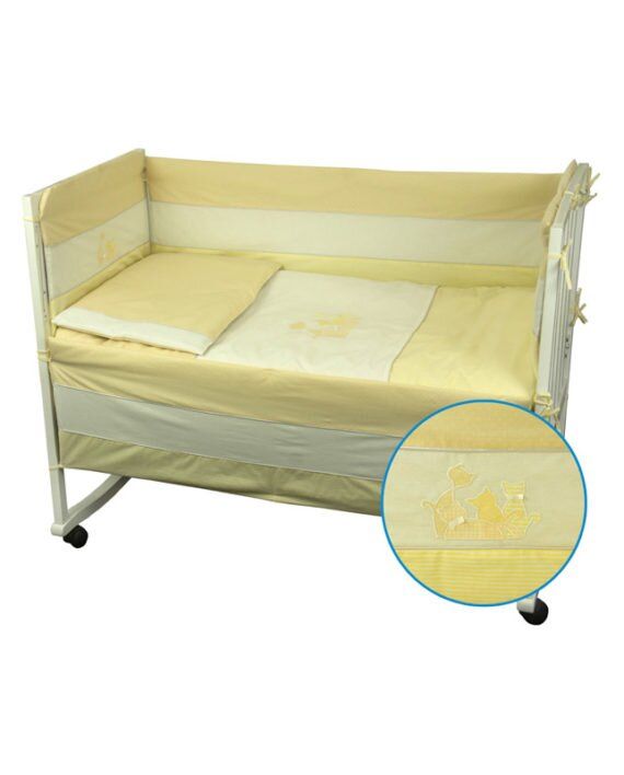 Захист в ліжечко + постільний набір Котик жовтий, 110х145 см, бортики з постіллю