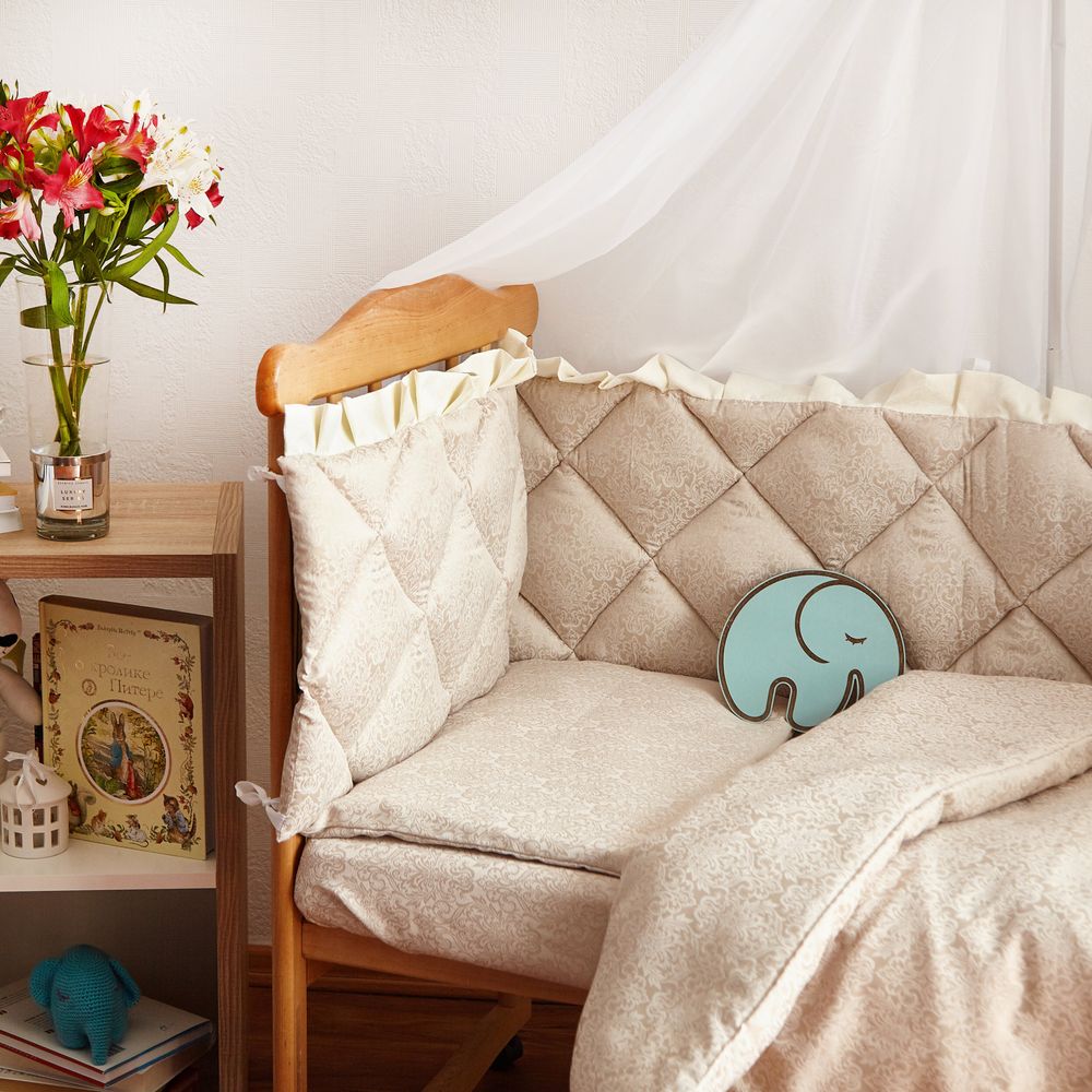Сатиновый комплект в кроватку для новорожденного Золотце беж