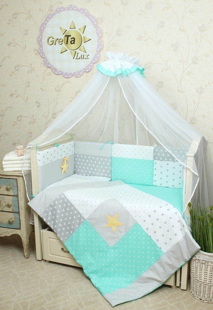 Двухсторонний комплект постельного белья для новорожденных "Звездное сияние" 6 или 7 предметов, без балдахина