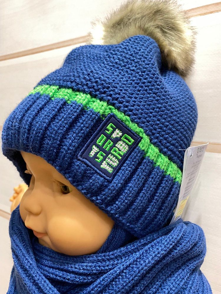 Зимова дитяча в'язана шапка + шарф Sports Turbo - 1, обхват голови 50 - 52 см, В*язка, Шапка