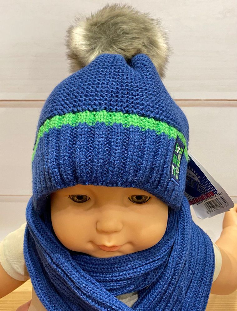 Зимняя детская вязанная шапка + шарф Sports Turbo - 1, обхват головы 50 - 52 см, Вязка, Шапка