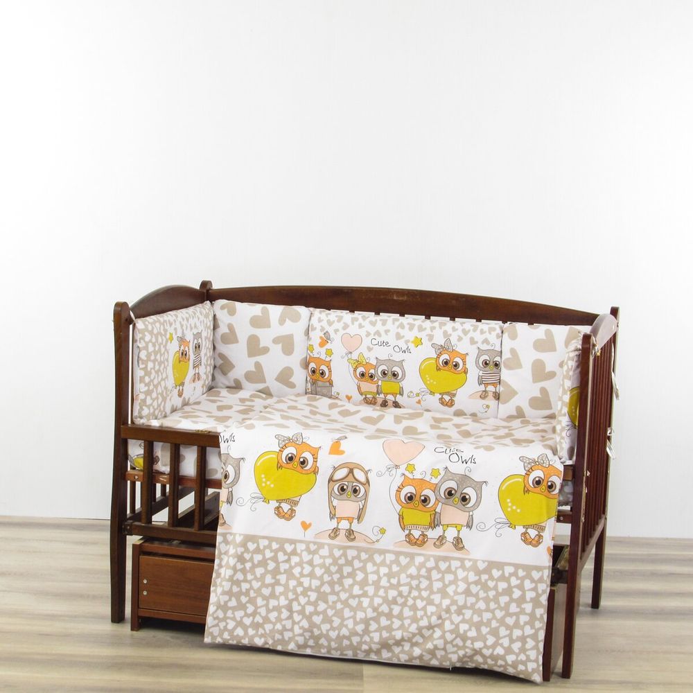 Комплект для дитячого ліжечка 6 предметів Сови сірі